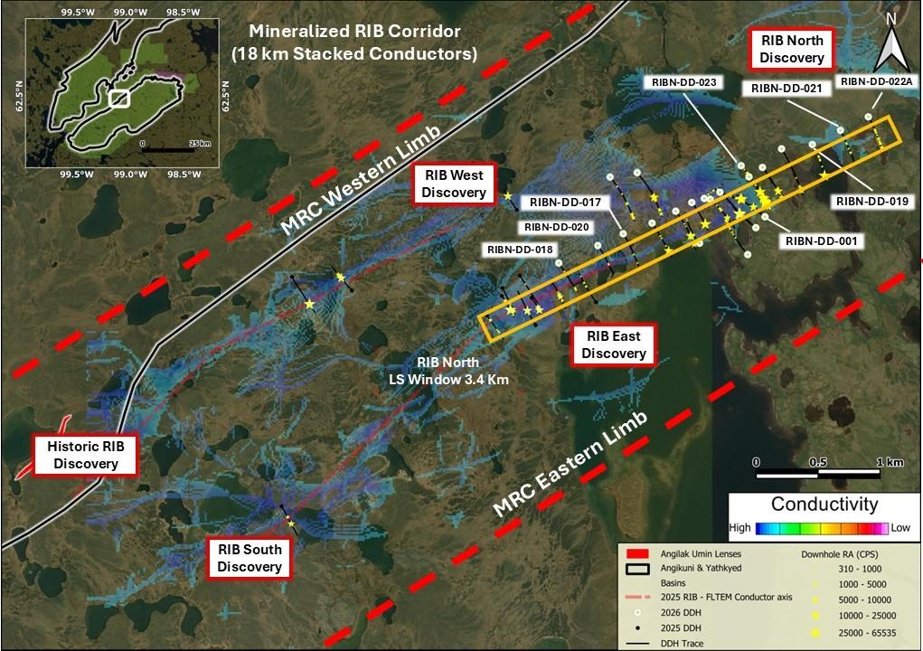Figure 2: Mineralized RIB Corridor – 2026 Angilak Exploration Program, showing drillhole traces, orange rectangle denotes the LS window displayed in Figure 3