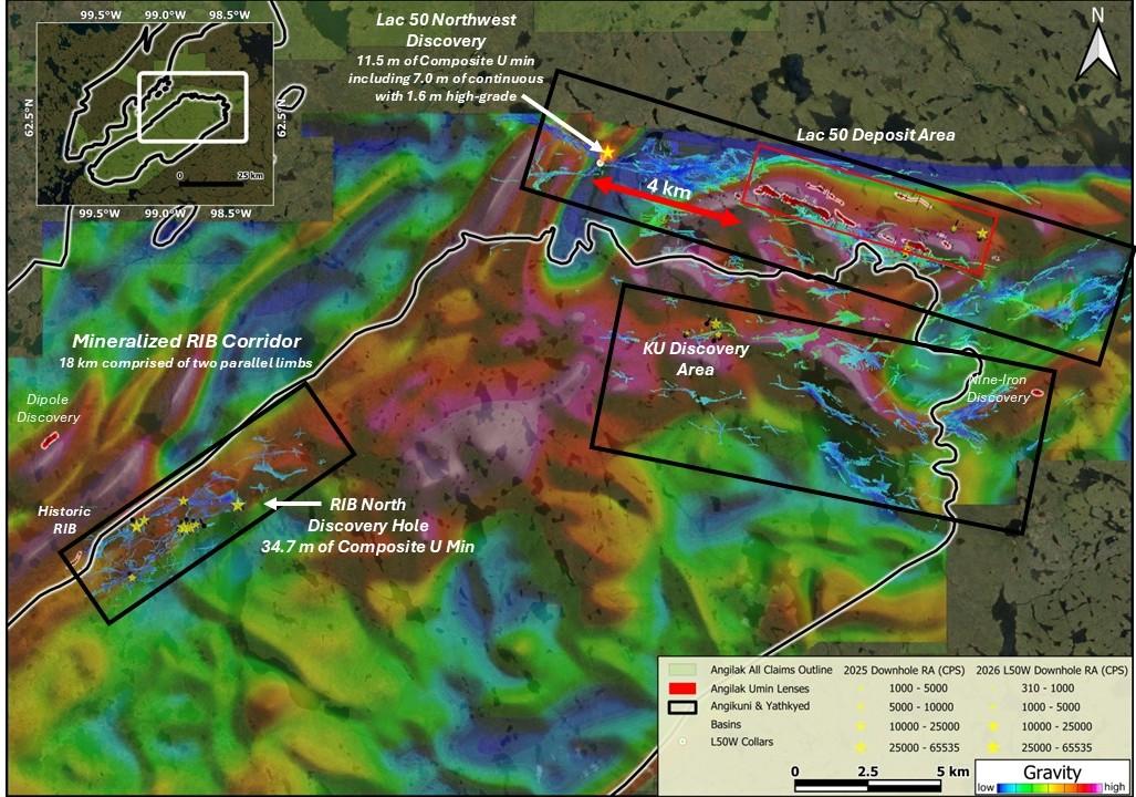 Figure 1: Angilak Project Area – 2026 Exploration Target Area (Black Rectangles), & Mapped Historic Mineralized Showings